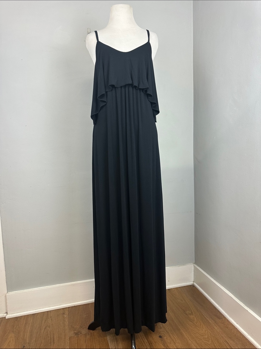 Soma Jersey Knit Ruffle Neckline Maxi Dress Sz M - Picture 3 of 9